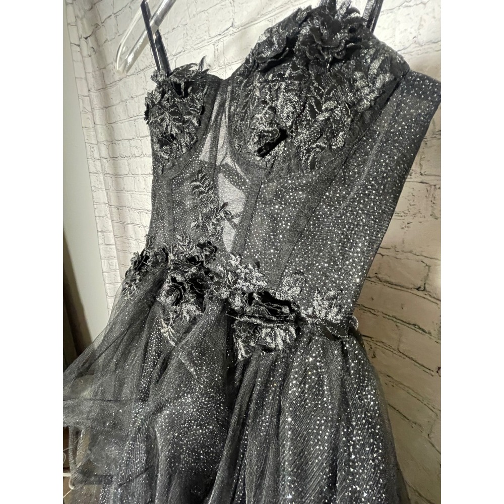 Black Glitter Tulle Gown 3D Floral Corset High Low Prom Formal Dress - Picture 2 of 6